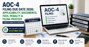 AOC-4 filing due date 2026 showing applicability, documents required, filing fees, late fee, penalty and ROC annual filing process