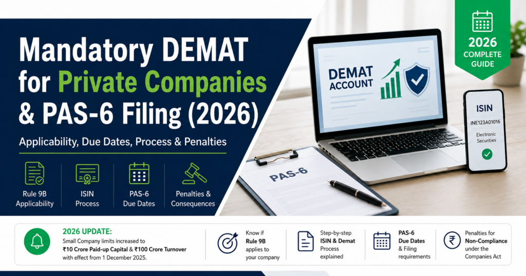 Mandatory demat for private companies under Rule 9B showing ISIN process, PAS-6 filing due dates and compliance requirements for 2026